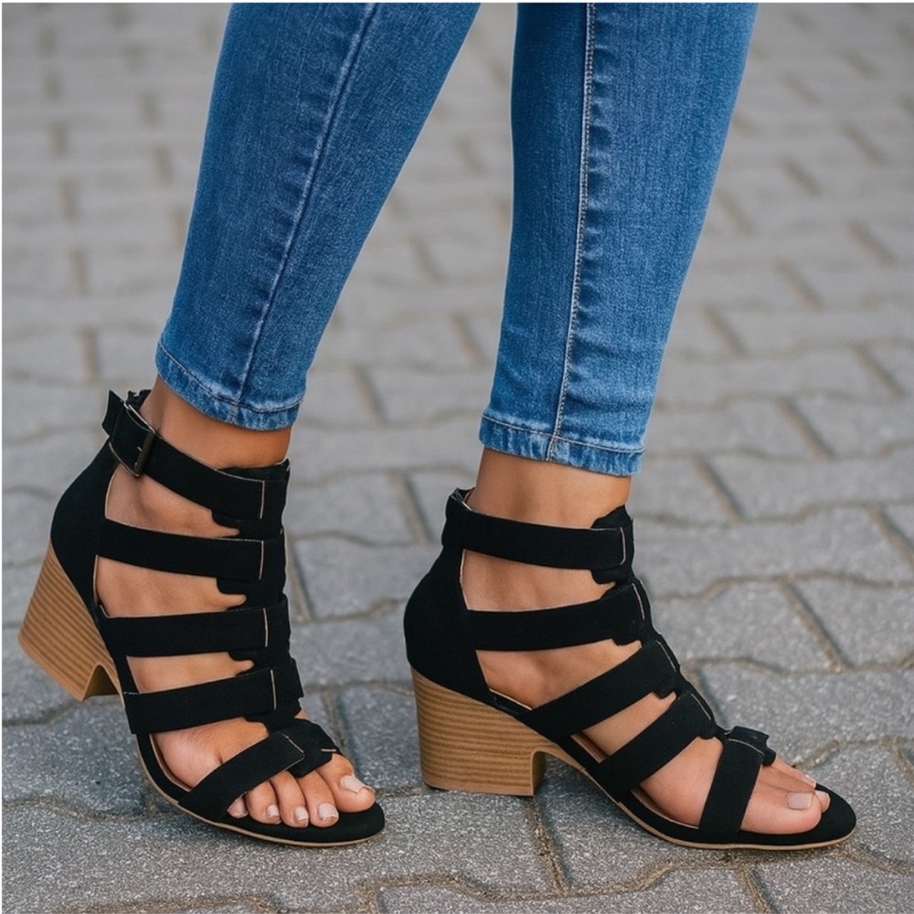 Black suede sandals strappy heels block heel bootie